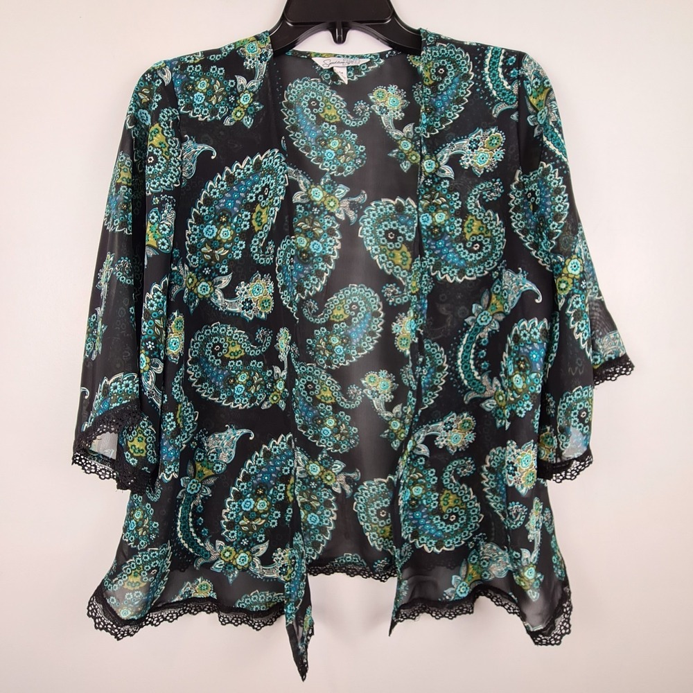 Speechless Sheer Cardigan Open Front Top Medium Kimono‎ Paisley Sheer Lace Trim